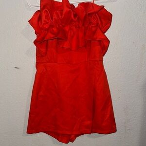 Red Ruffled Strapless Romper